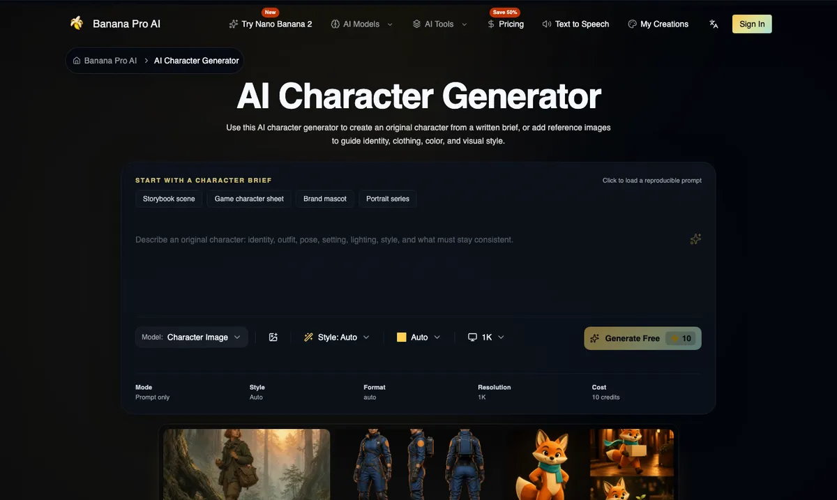 The Banana Pro AI character generator with starter briefs for Storybook scene, Game character sheet, Brand mascot and Portrait series, a style selector and a 1K option at 10 credits