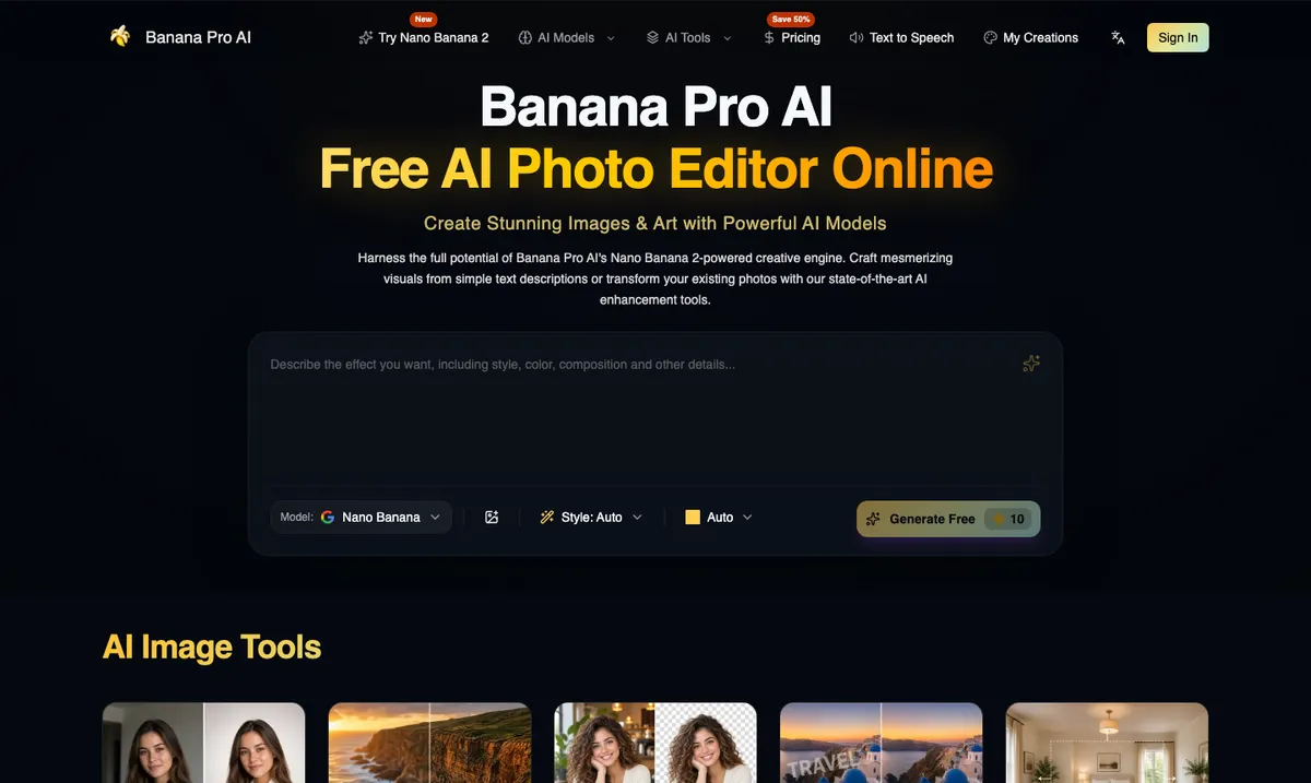 The Banana Pro AI homepage with the headline Free AI Photo Editor Online, a prompt box, a Nano Banana model selector, style and ratio controls and a Generate Free button