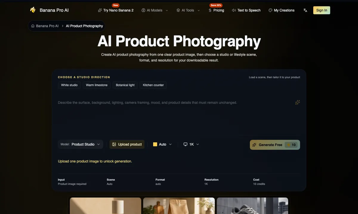 The Banana Pro AI product photography tool showing studio direction presets for White studio, Warm limestone, Botanical light and Kitchen counter, an Upload product button and a 1K resolution option at 10 credits