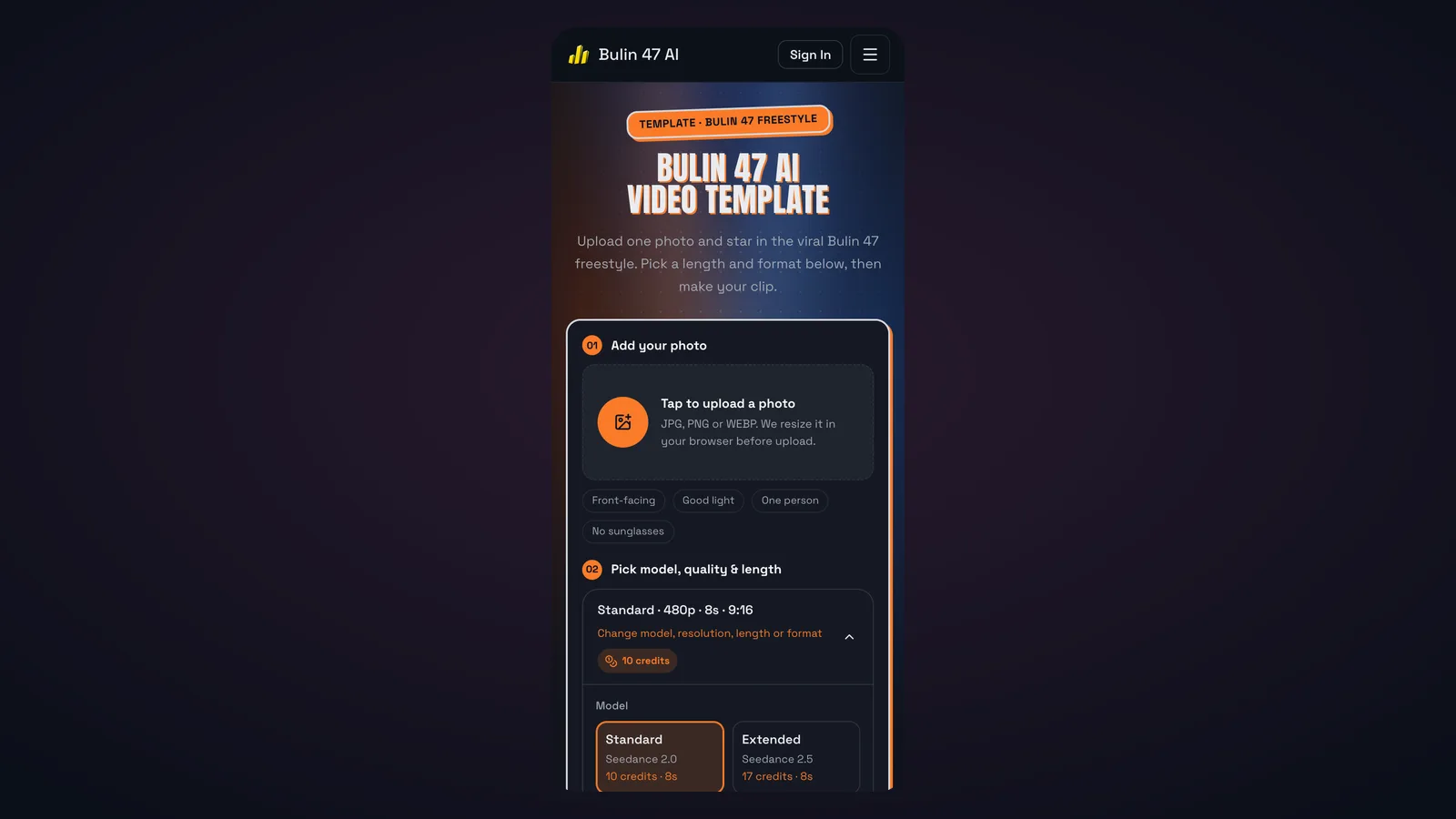 The Bulin 47 AI template page on a phone, with the upload step and model choices