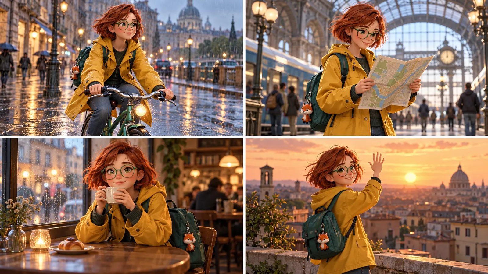 A four-panel character sheet of the same courier with a copper bob, green glasses, yellow raincoat and dark green backpack riding a bicycle in the rain, reading a map in a station, sitting in a cafe and waving on a rooftop at sunset