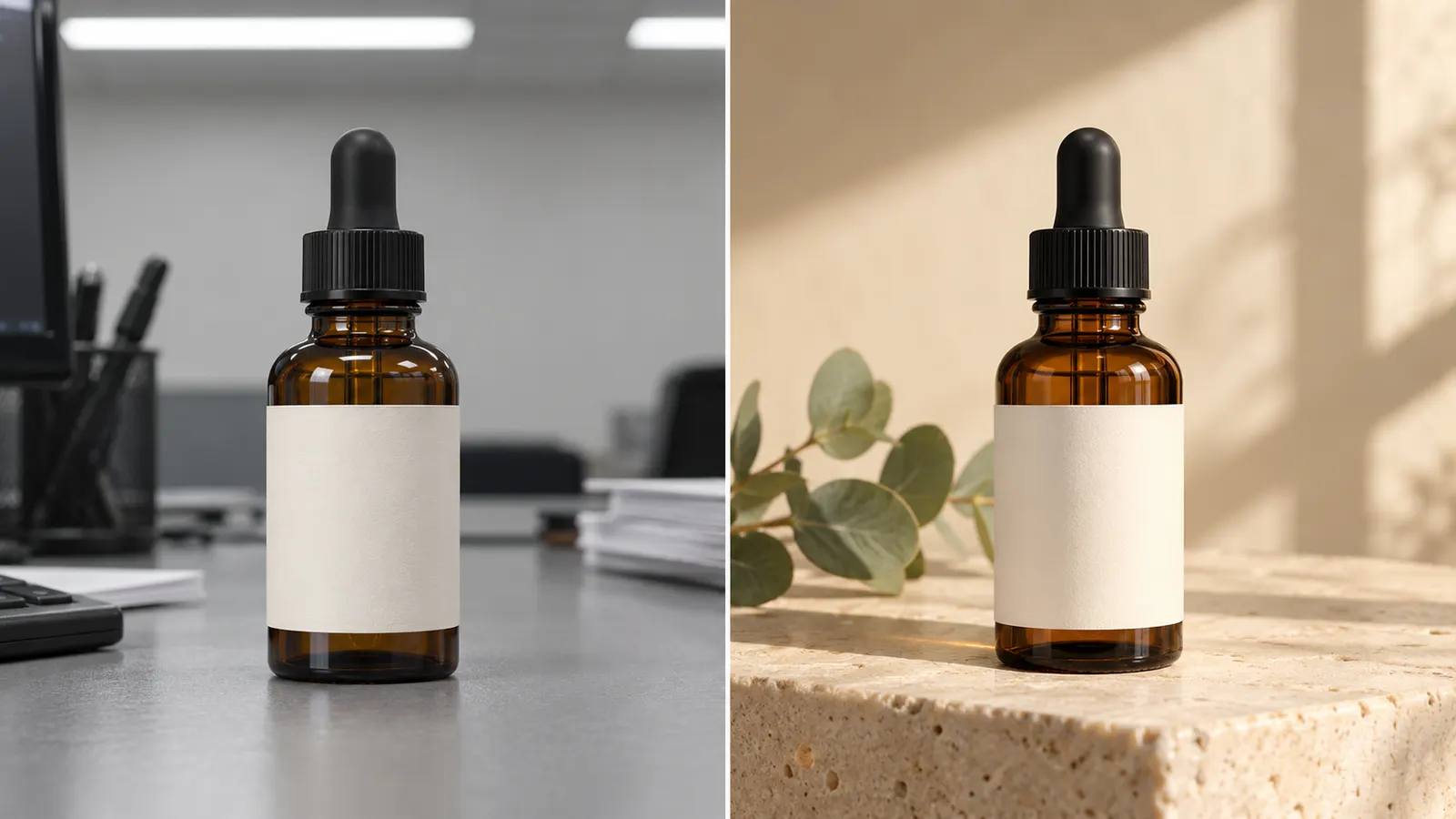 Before and after AI product photography: an amber serum bottle on a dull gray desk on the left, and the same bottle restaged on a warm limestone plinth in soft window light on the right