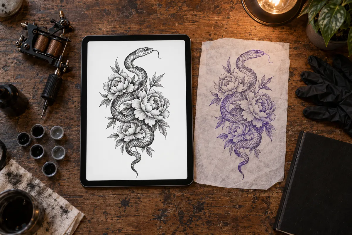 A tablet showing a snake and peony tattoo design next to a purple stencil transfer of the same artwork on a tattoo artist's worktable