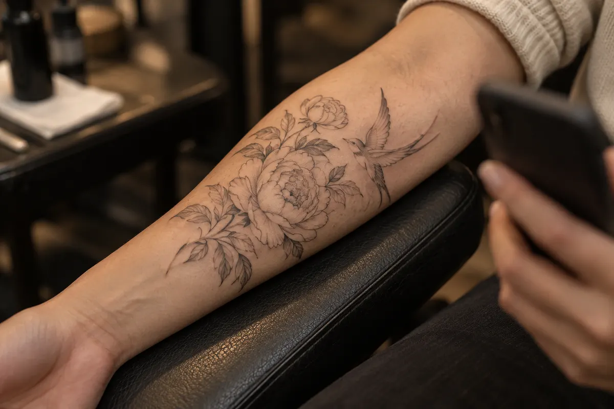 A fine-line peony and swallow tattoo design previewed on an inner forearm in a tattoo studio