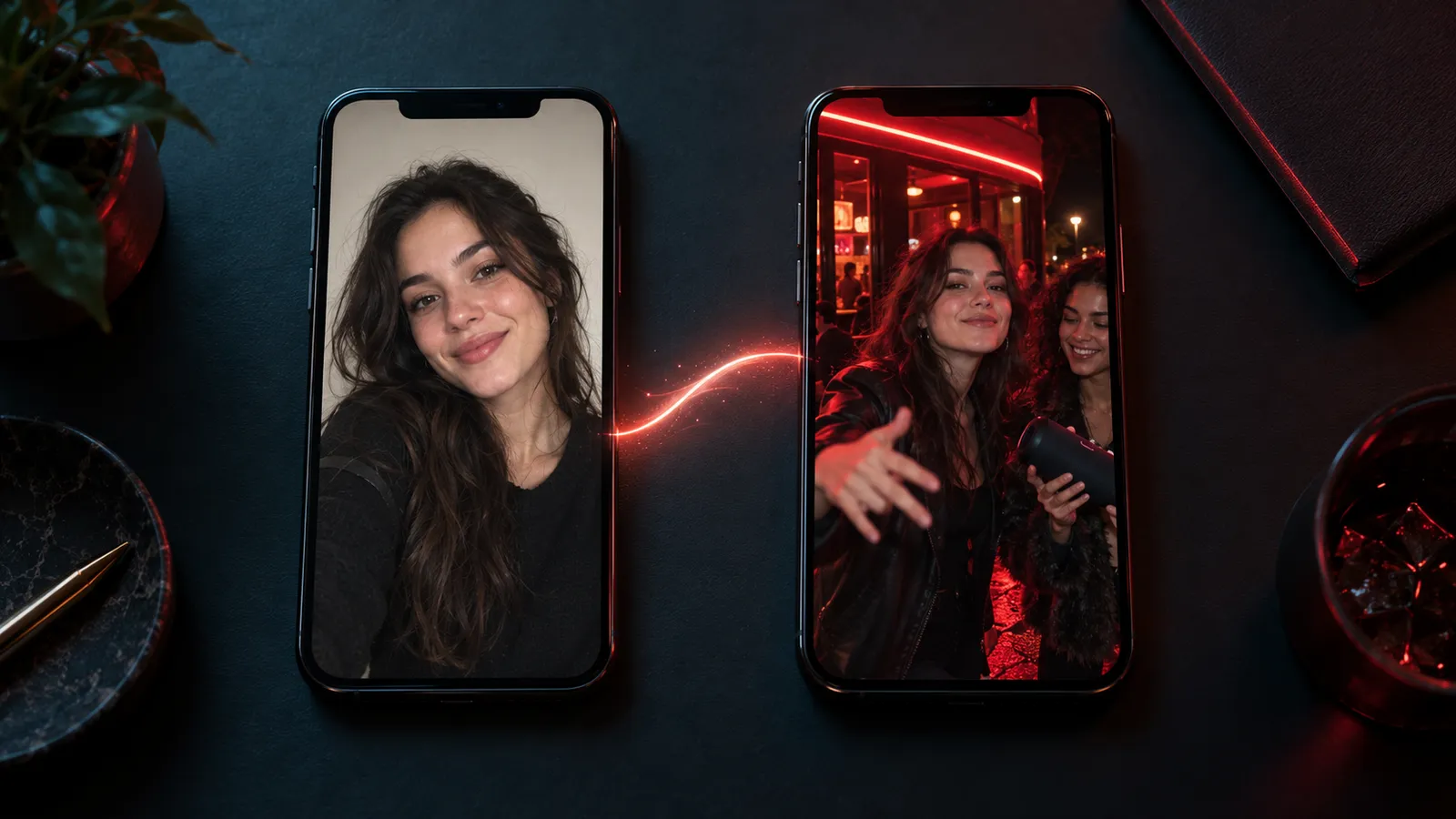 A selfie on one phone becoming a red-lit freestyle video on a second phone