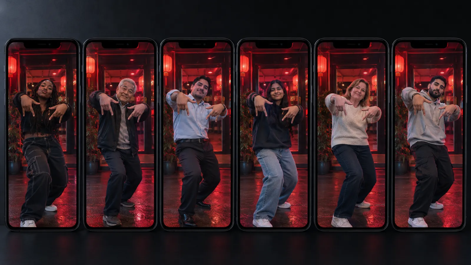 A gallery of phone screens showing different people recreating the same red-lit freestyle pose