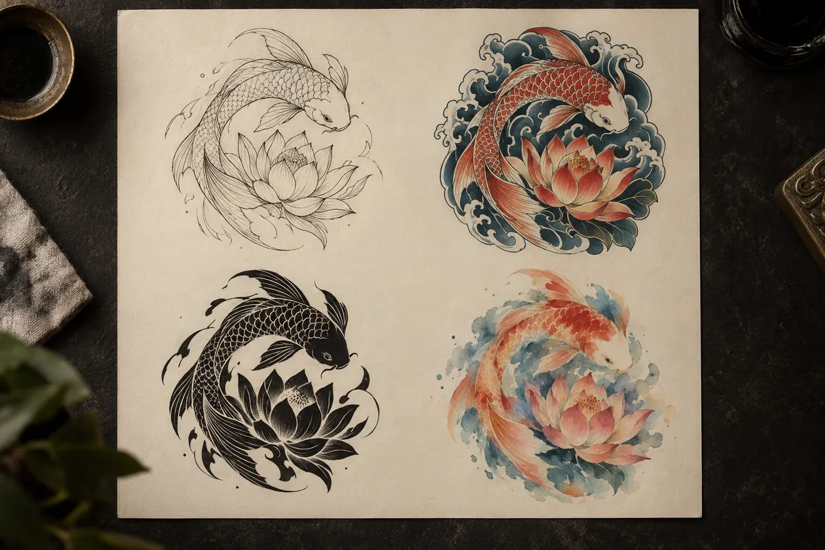 The same koi and lotus tattoo design drawn in four styles: fine line, Japanese, blackwork and watercolor