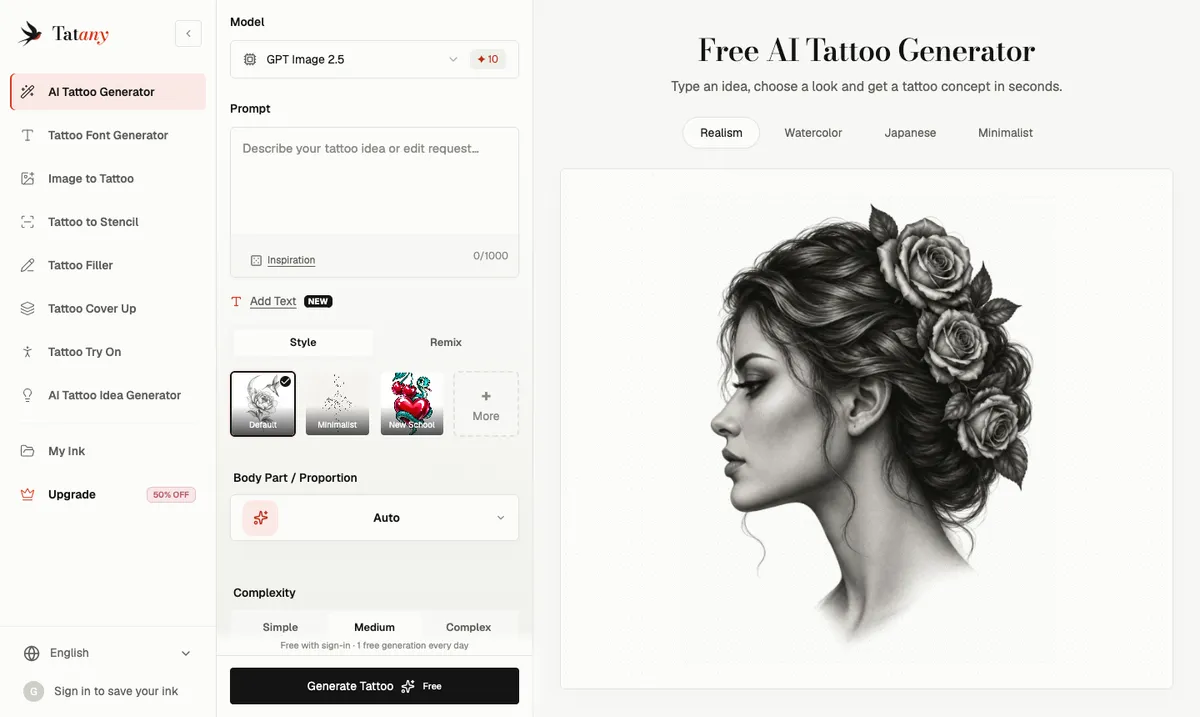 The Tatany AI tattoo generator workspace with model, prompt, style, body placement and complexity settings