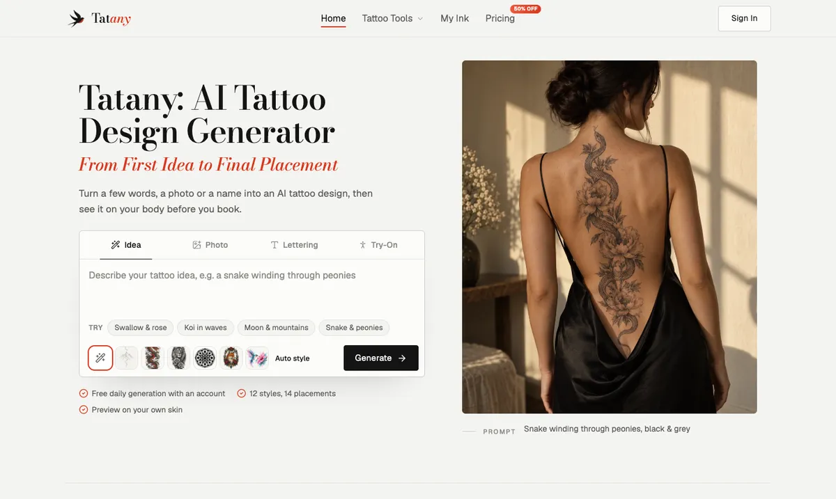 The Tatany homepage with the AI tattoo design generator prompt box and a back-piece example of a snake winding through peonies