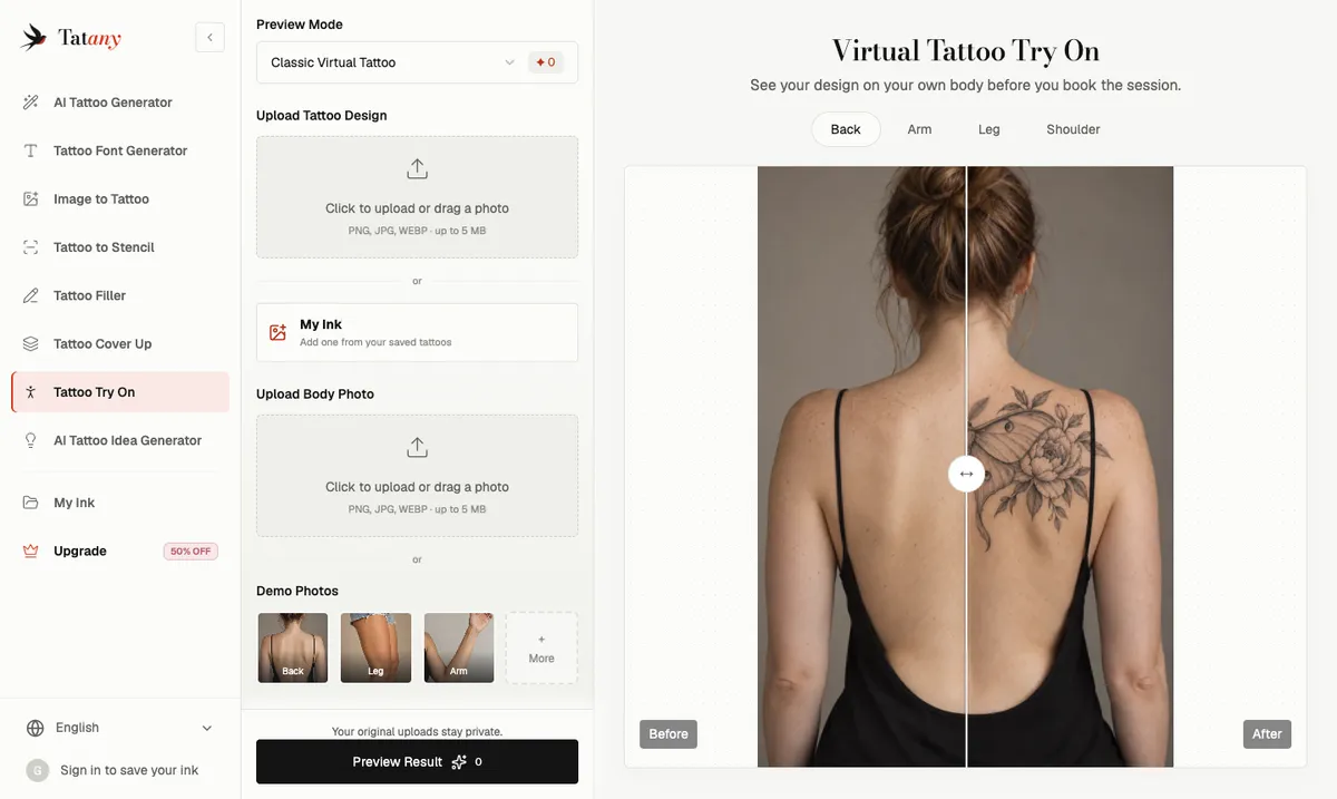 The Tatany virtual tattoo try-on showing a before and after comparison of a floral back tattoo